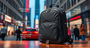 Close-up of anti-theft laptop backpack on table showing RFID pocket, hidden compartment, and lockable zippers for security.