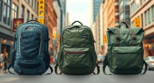 "Three best travel laptop backpacks on a wooden table: sleek, durable, and spacious designs for work and travel."