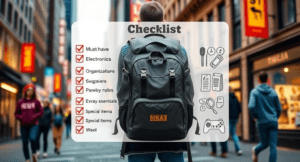 A visually appealing checklist for must-have electronics, organization helpers, everyday essentials, and special items